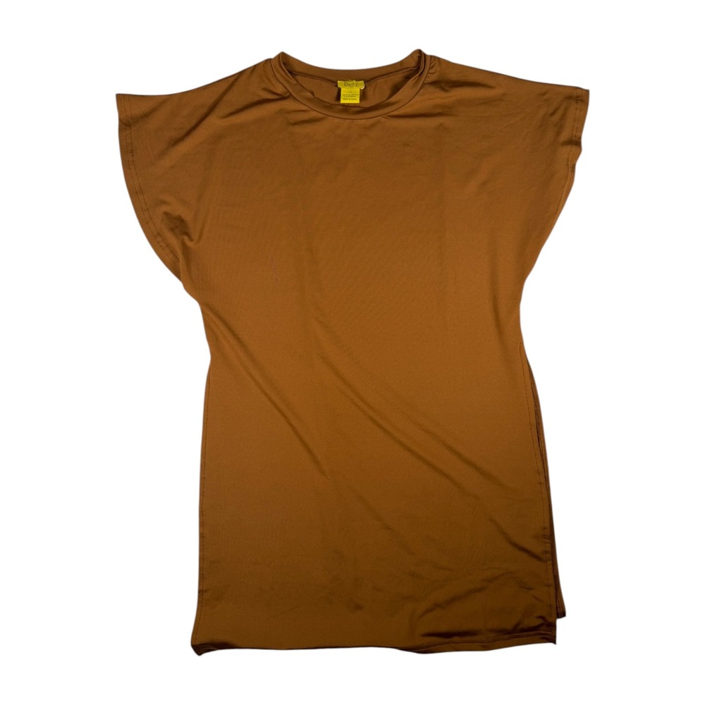 Daisy Brown Dolman Sleeve T-Shirt Dress Side Slit Crew Neck Size M Tobacco